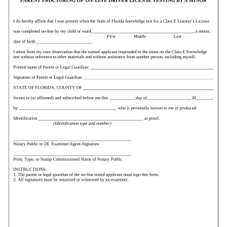Form HSMV 71144. Parent Proctoring Form - Florida