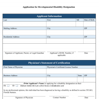 Form HSMV 72120. Application for Developmental Disability Designation - Florida