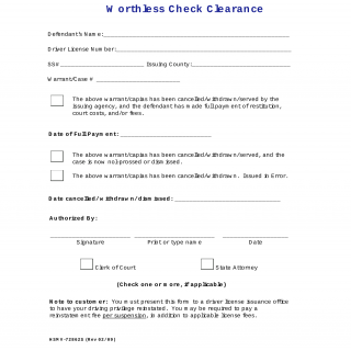 Form HSMV 72862. Worthless Check Clearance - Florida