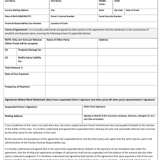 Form HSMV 74036. Agreement for Release and Monthly Repayment Note - Florida