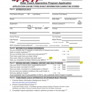 Form HSMV 77058. RiderCoach Apprentice Program Application (RCAP) - Florida