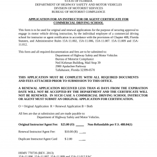 Form HSMV 77073S. Application for an Instructor or Agent Certificate for Commercial Driving School - Florida