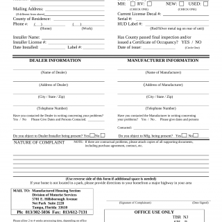 Form HSMV 81095. MH/RV Complaint Registration Form - Florida