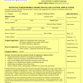 Form HSMV 81401. Manufactured/Mobile Home Installer License Application - Florida