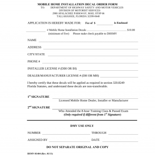 Form HSMV 81404. Mobile Home Installation Decal Order Form - Florida