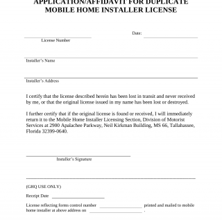 Form HSMV 81406. Application/Affidavit for Duplicate Mobile Home Installer License - Florida