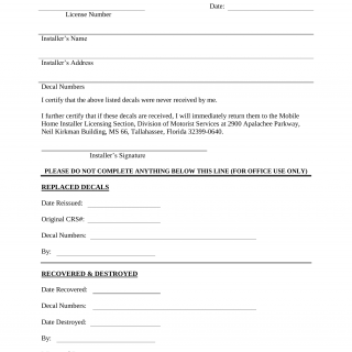 Form HSMV 81407. Affidavit for Replacement of Lost Mobile Home Installer Decals - Florida