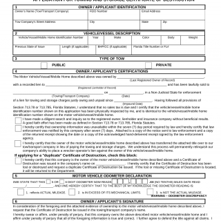 Form HSMV 82012. Application for Certificate of Destruction - Florida