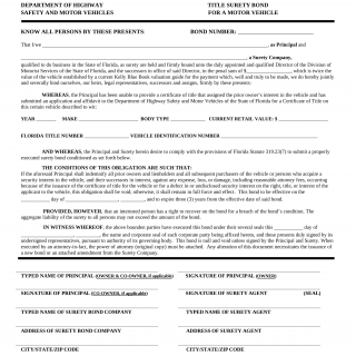 Form HSMV 82033. Title Surety Bond for a Motor Vehicle - Florida