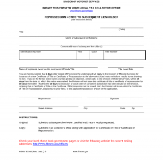 Form HSMV 82048. Vehicle Identification Number and Repossession Notice to Subsequent Lienholder - Florida