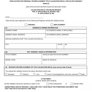 Form HSMV 82054. Application for Original or Replacement Title Validation Sticker for an Off Highway Vehicle - Florida