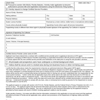 Form HSMV 82083. Application to Become an Authorized EFS Agent/Change of Certified Service Provider - Florida