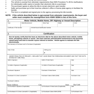 Form HSMV 82092. Reassignment Document for an Electronic Certificate of Title - Florida