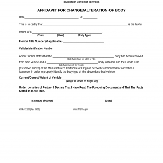 Form HSMV 82100. Affidavit for Change/Alteration of Body - Florida