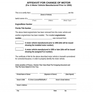 Form HSMV 82103. Affidavit for Change of Motor (MV manufactured prior to 1955) - Florida
