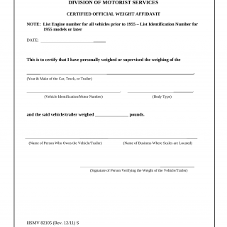 Form HSMV 82105. Certified Official Weight Affidavit - Florida