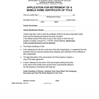 Form HSMV 82109. Application for Retirement of a Mobile Home Certificate of Title - Florida