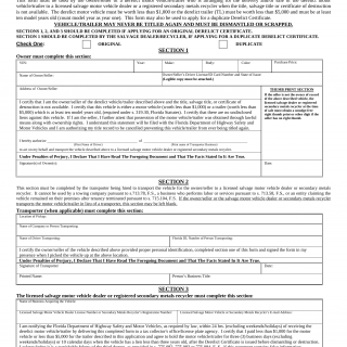 Form HSMV 82137. Application for Derelict Motor Vehicle Certificate and Request to Cancel Title - Florida