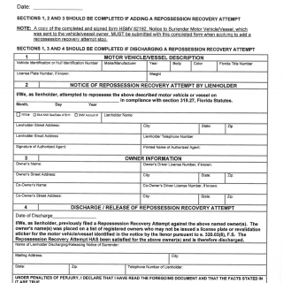 Form HSMV 82191. Notice Or Discharge Of Repossession Recovery Attempt - Florida