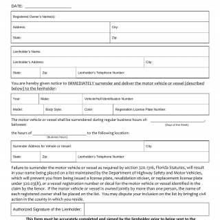 Form HSMV 82192. Notice to Surrender Motor Vehicle/Vessel - Florida