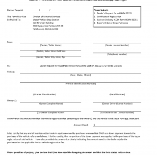 Form HSMV 82195. Dealer Request for Registration Stop - Florida