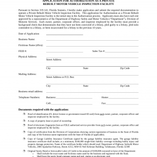Form HSMV 82997. Application for Authorization as a Private Rebuilt Motor Vehicle Inspection Facility - Florida