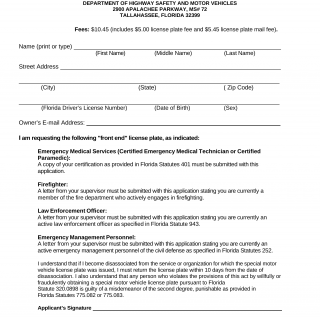 Form HSMV 83020. Application for Front End License Plates - Florida