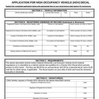 Form HSMV 83027. Application for HOV Decal - Florida