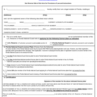 Form HSMV 83030. Application for U.S. Reserve or Florida National Guard License Plate - Florida