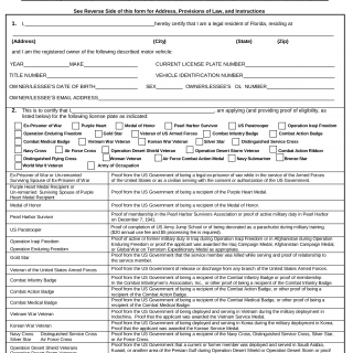 Form HSMV 83034. Application for Ex-Prisoner of War, Purple Heart, Medal of Honor, Pearl Harbor Survivor, US Paratrooper, Operation Iraqi Freedom - Florida