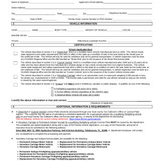 Form HSMV 83045. Application for Registration of a Street Rod, Custom Vehicle, Horseless Carriage or Antique (Permanent) - Florida