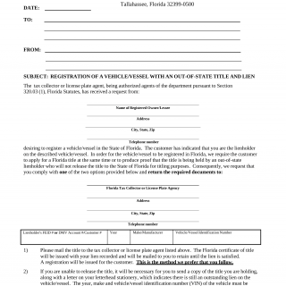 Form HSMV 83060. Registration of Vehicle with Out-Of-State Lien - Florida
