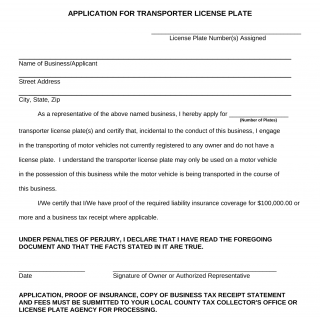 Form HSMV 83065. Application for Transporter License Plate - Florida