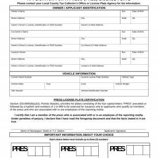 Form HSMV 83081. Application for a Press (PRES) License Plate - Florida