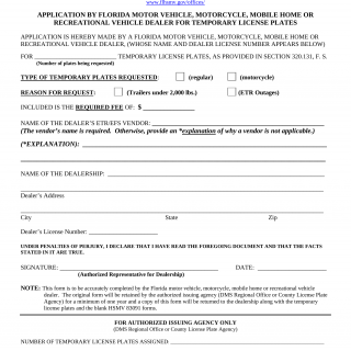 Form HSMV 83090. Application by Florida Motor Vehicle Mobile Home or Recreational Vehicle Dealer for Temporary Plates - Florida