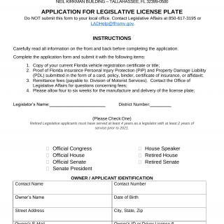 Form HSMV 83109. Application for Legislative License Plate - Florida
