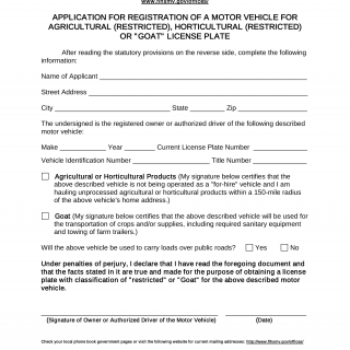 Form HSMV 83110. Application for Registration of a Motor Vehicle for Agricultural (Restricted), Horticultural (Restricted) License Plate - Florida