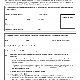 Form HSMV 83363. Application for License Plate or Decal Refund - Florida
