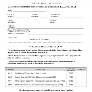 Form HSMV 83416. Request for Division of Motor Vehicle/Vessel Forms - Florida