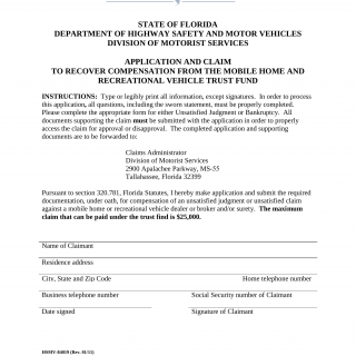 Form HSMV 84019. Application and Claim To Recover Compensation from the Mobile Home and Recreational Vehicle Trust Fund - Florida