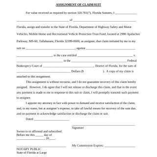 Form HSMV 84026. Assignment of Claim/Suit - Florida