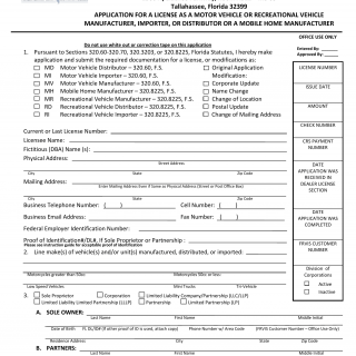 Form HSMV 84256. Application for a License as a Motor Vehicle or Recreational Vehicle Manufacturer, Importer, or Distributor or a Mobile Home Manufacturer - Florida