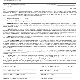 Form HSMV 86018. Surety Bond, Mobile Home Dealer - Florida