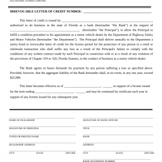 Form HSMV 86057. Florida Motor Vehicle Dealer Irrevocable Letter of Credit - Florida