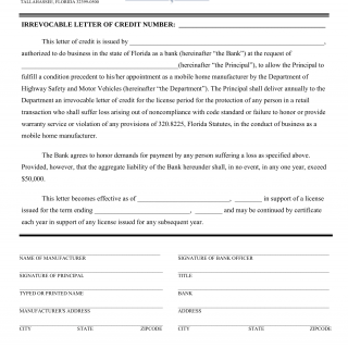 Form HSMV 86059. Florida Mobile Home Manufacturer Irrevocable Letter of Credit - Florida