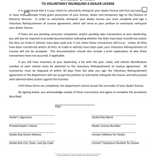 Form HSMV 86060. Statement of Intent to Relinquish a Dealer License - Florida