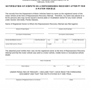 Form HSMV 86065. Notification of Dispute on a Repossession Recovery Attempt for a Motor Vehicle - Florida
