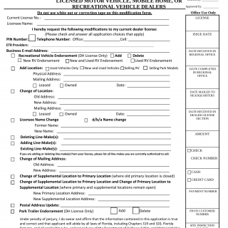 Form HSMV 86072. Modification to Dealer License for Licensed Motor Vehicle, Mobile Home, or Recreational Vehicle Dealers - Florida