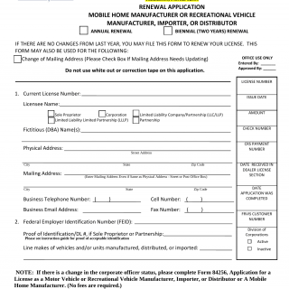 Form HSMV 86218. Renewal Application: Mobile Home Manufacturer or Recreational Vehicle Manufacturer, Importer, or Distributor - Florida