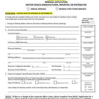 Form HSMV 86219. Renewal Application: Motor Vehicle Manufacturer, Importer, or Distributor - Florida